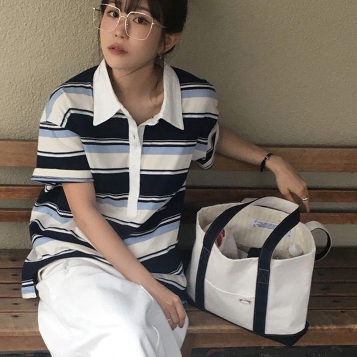 DAILY CONTRAST CANVAS TOTE BAG CREAM NAVY