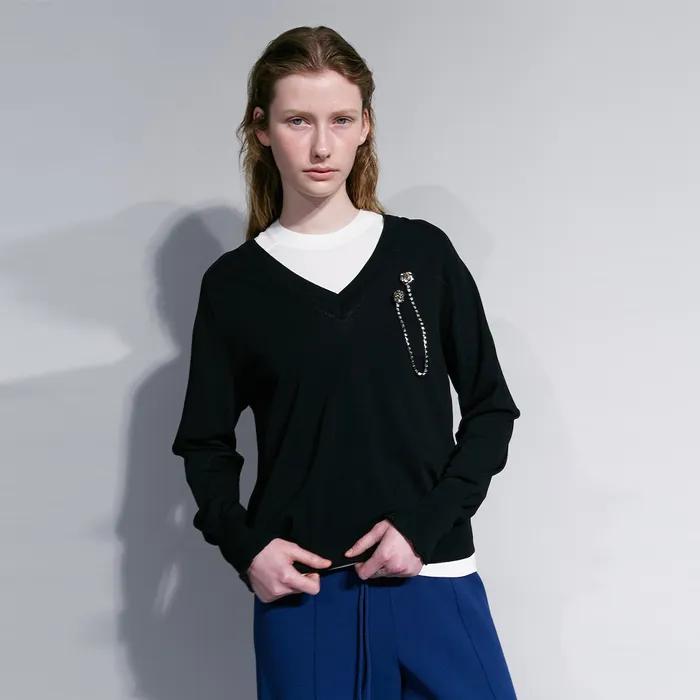 Shiny V-neck Pullover (Black)