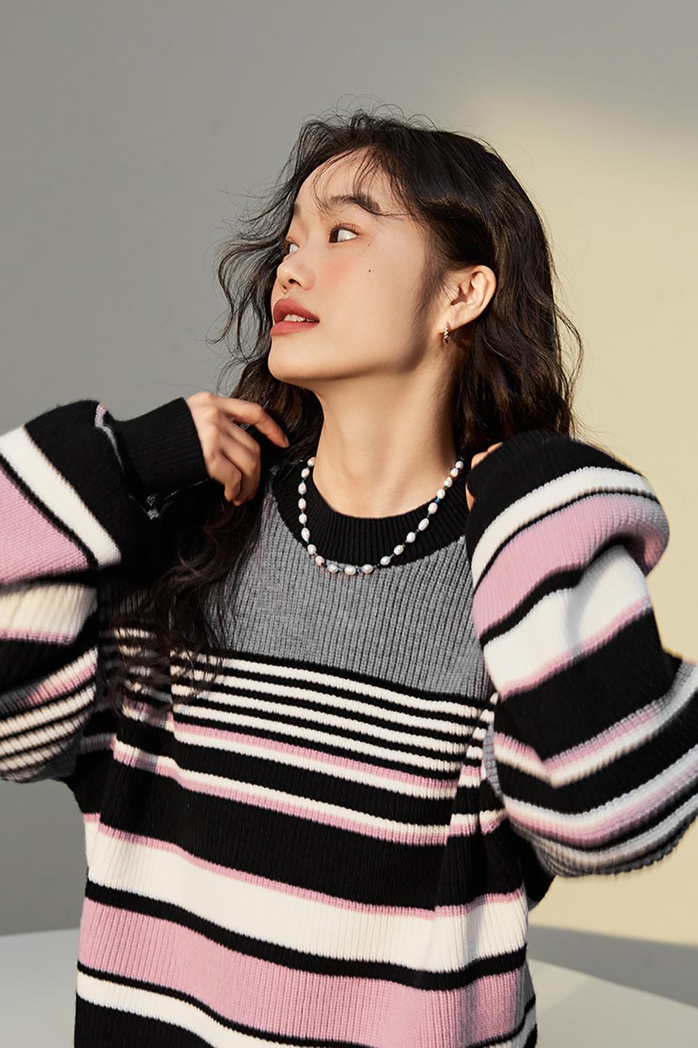 Colorful striped new round neck casual loose lantern sleeve jersey