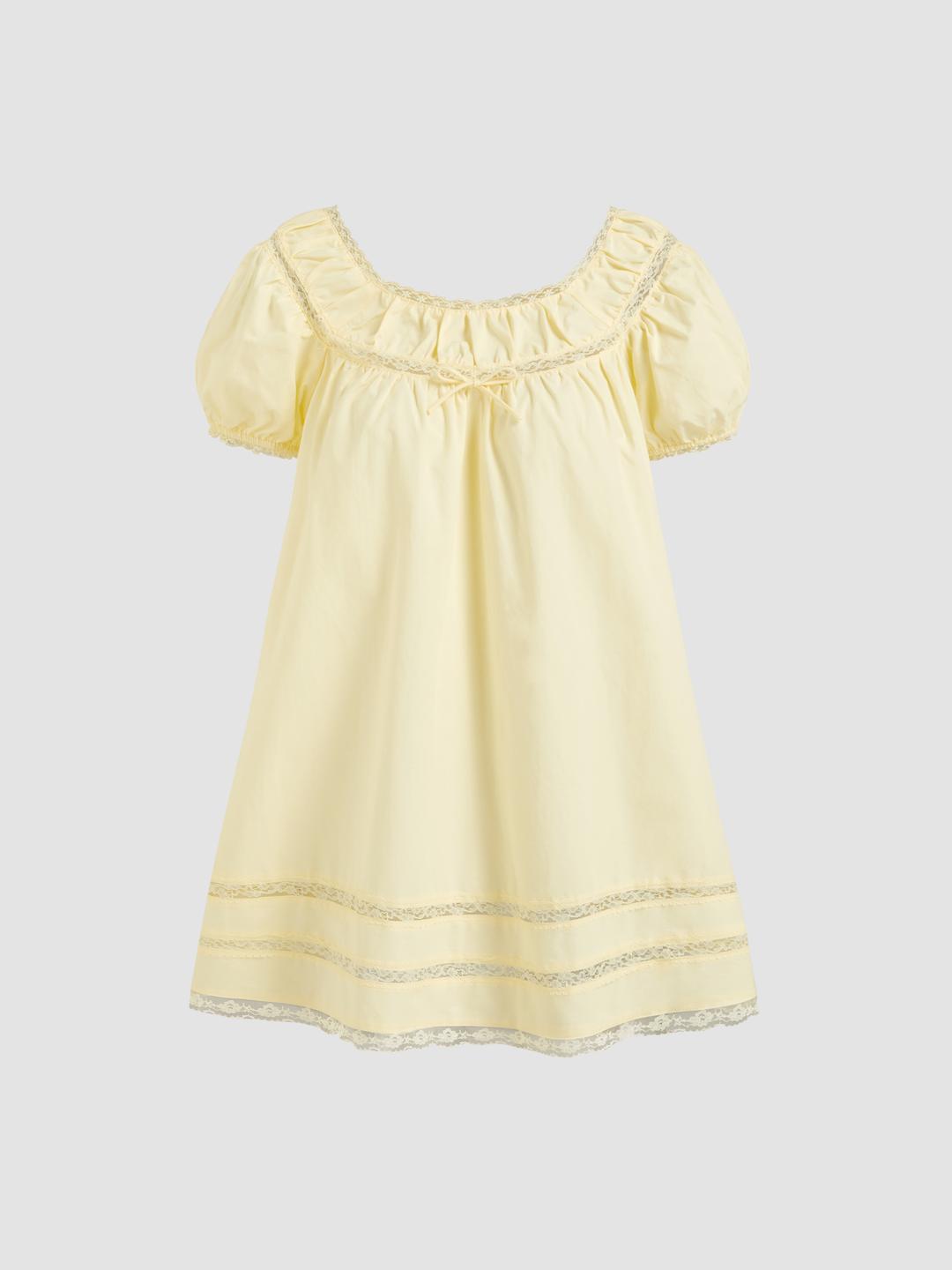 100% Cotton Lace Trim Bowknot Puff Sleeve Mini Babydoll Dress
