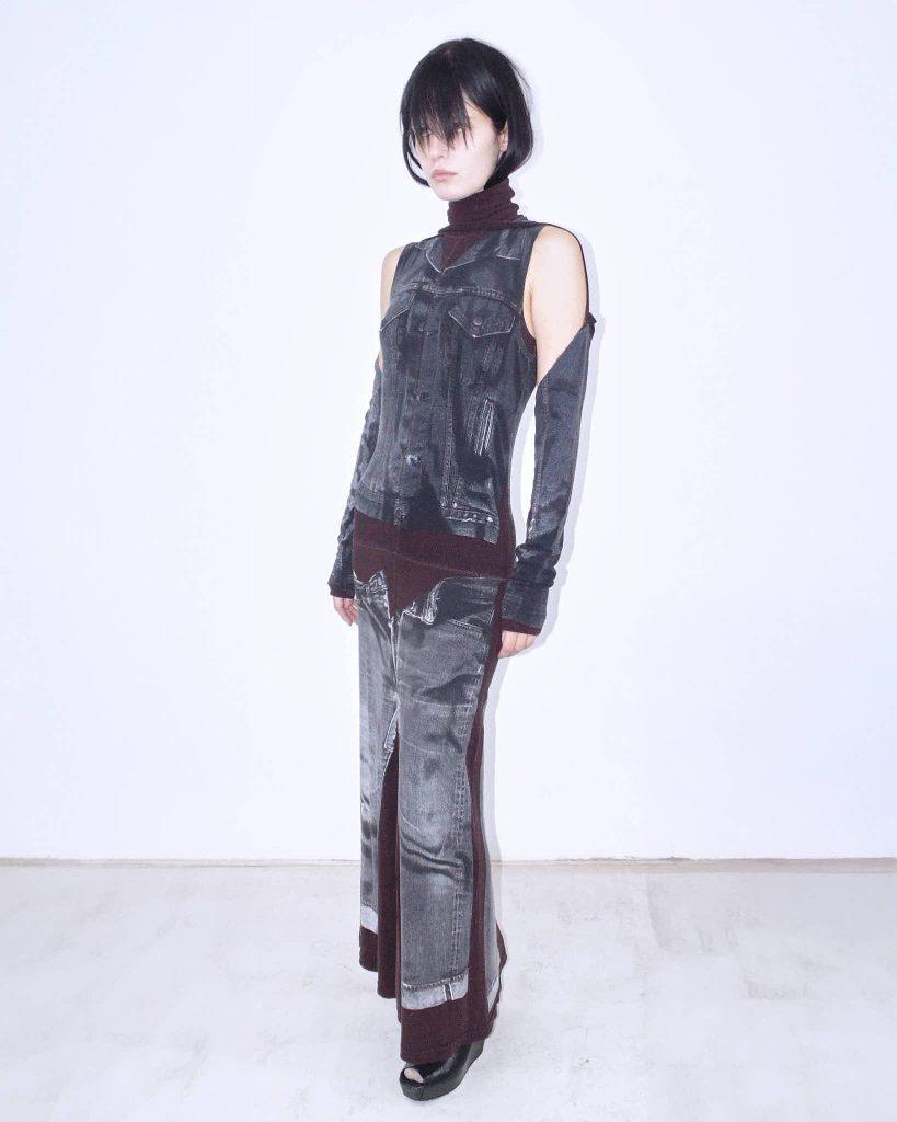 JPG JEAN’S BLACK DENIM TROMPE L’OEIL MAXI DRESS - Anemonia