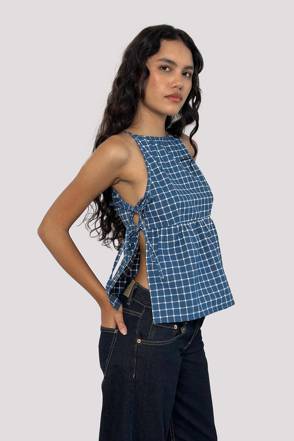 Palsi Tie Side Top in Navy Tartan - XXS
