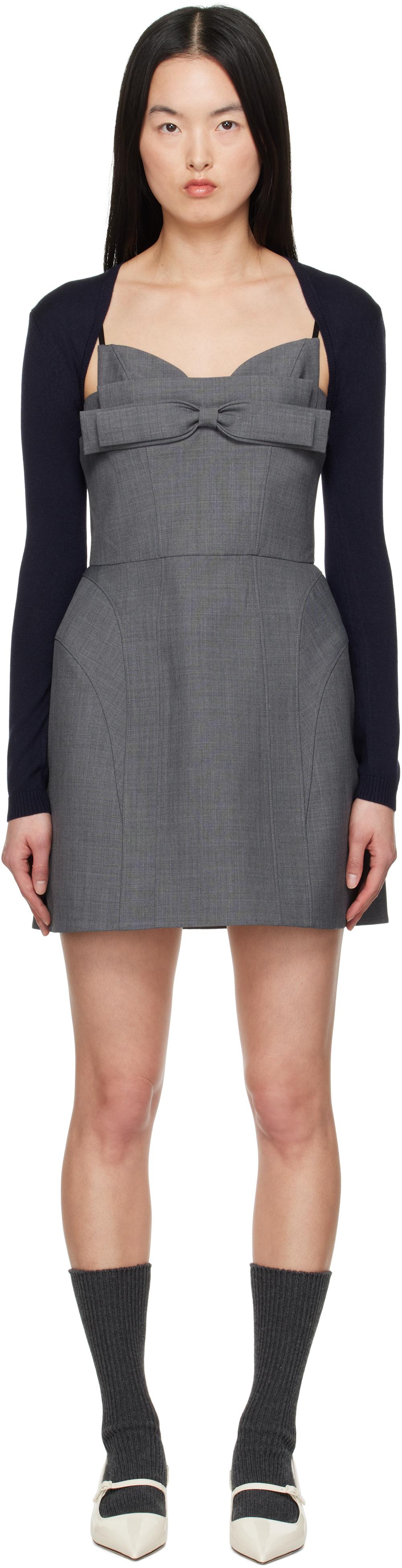 그레이 더블 보우 슬링 미니드레스