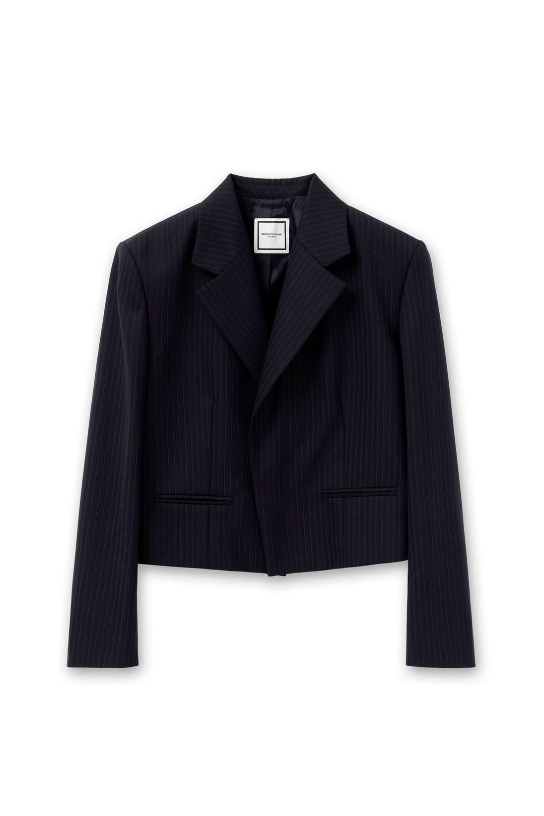 네이비 울 스트라이프 크롭 자켓