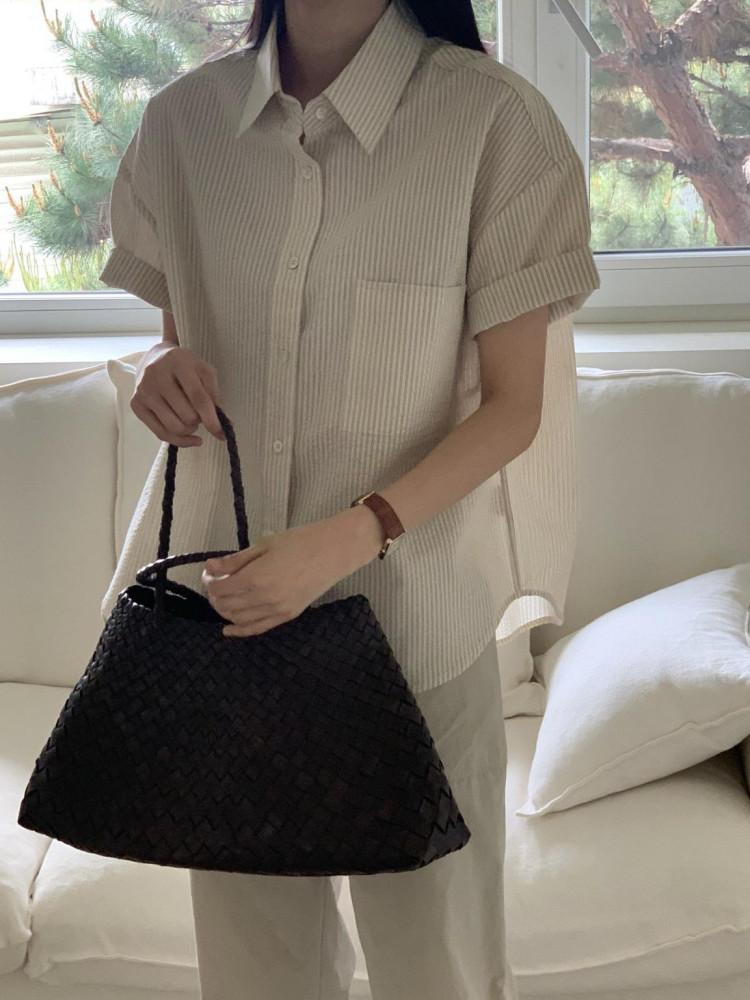 오브젝트 피카 스트라이프 셔츠 시어서커 코튼 반팔 카라 sh (3col)