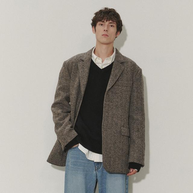 UNISEX 3 BUTTON HEAVY WOOL JACKET BLACK HERRINGBONE_M_UDJA3D122G3