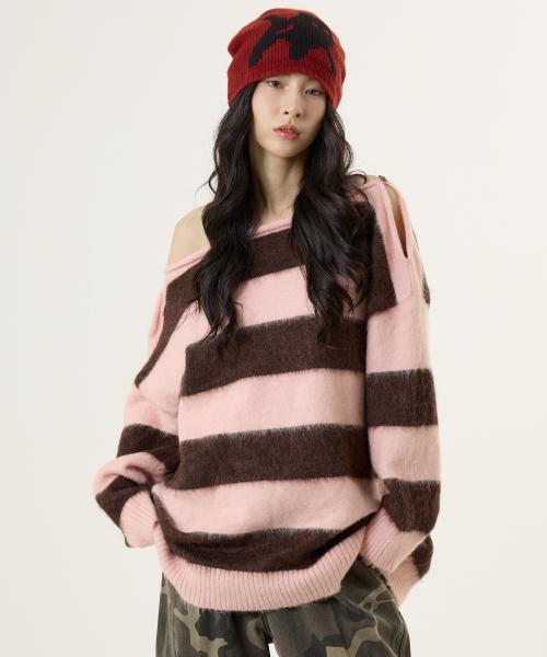 오프 숄더 모헤어 스트라이프 니트 핑크-브라운