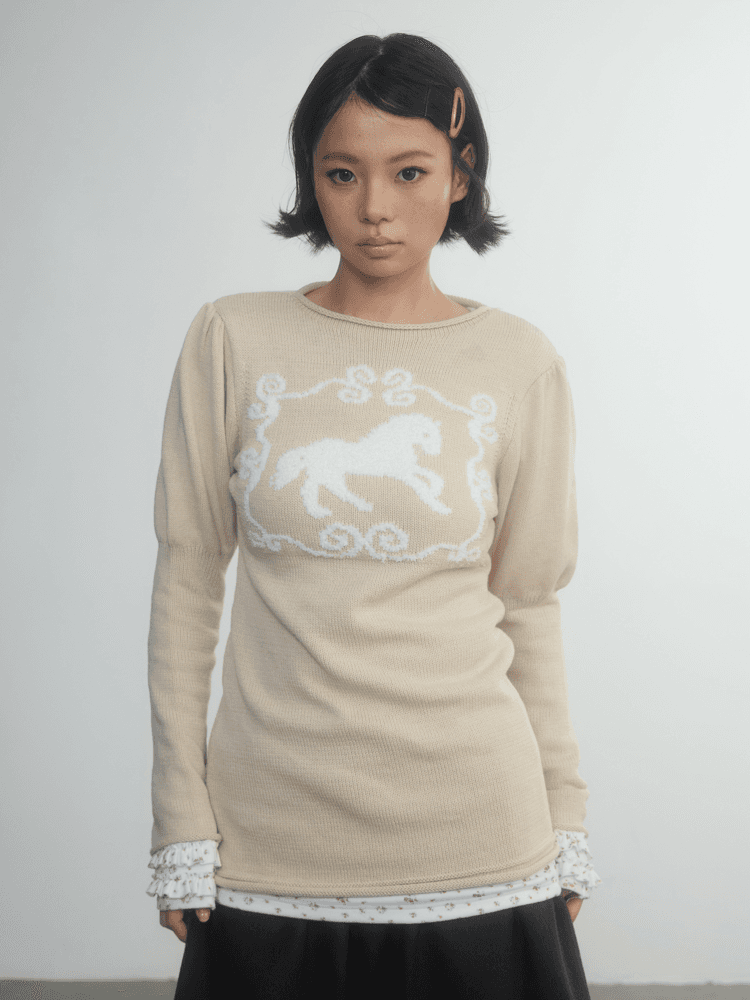 In two twos Puff Sleeve Pullover Midi Pony Sweater