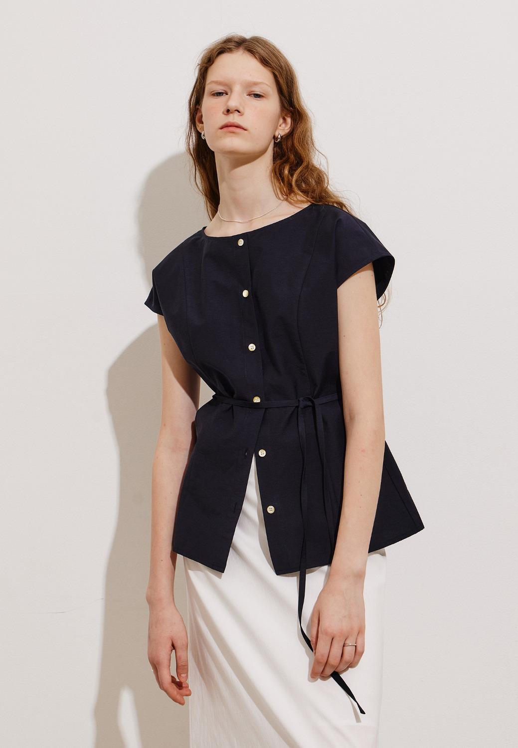 BOAT NECK CAP-SLEEVE BLOUSE - NAVY