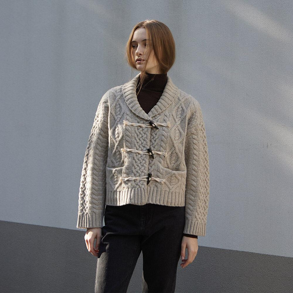 100% Wool Multi Cable Rope Cardigan_Beige Grey / Dark Grey