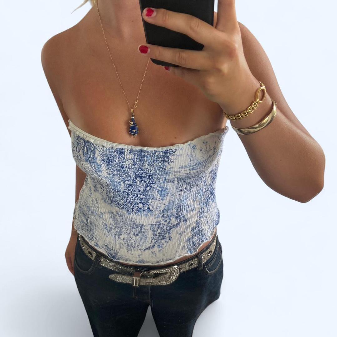 Blue and white printed floral strapless top /...