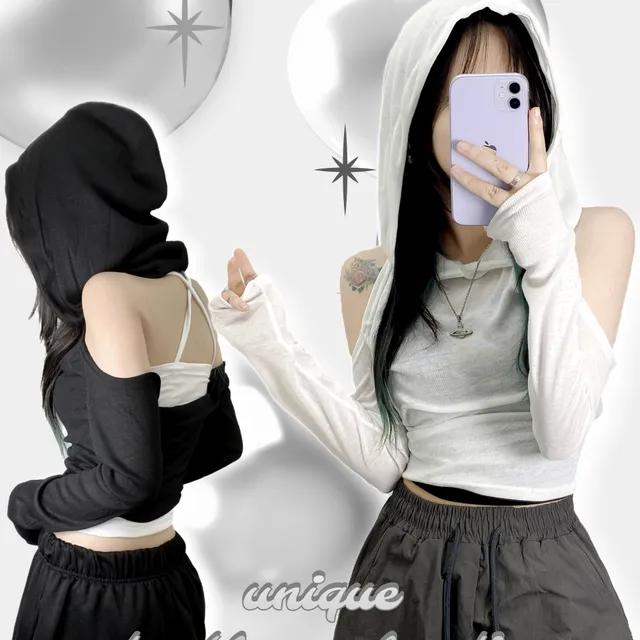 *힙블리최고* [유니크/y2k] 백리스 트임 오프숄더 레이어드 크롭 후드티