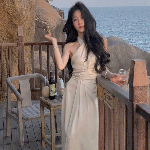[당일출고] 고틴 여름 비치 휴양지원피스 화이트 새틴 홀터넥 바캉스 브라이덜샤워원피스 파티드레스 르뚜앙