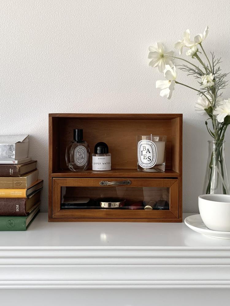 클래식 원목 유리 서랍 보관함 수납장