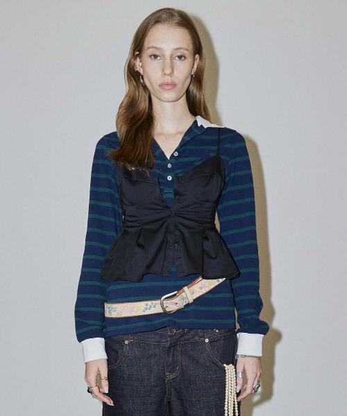 Shirring Tennis Shirt Navy/Green Stripe