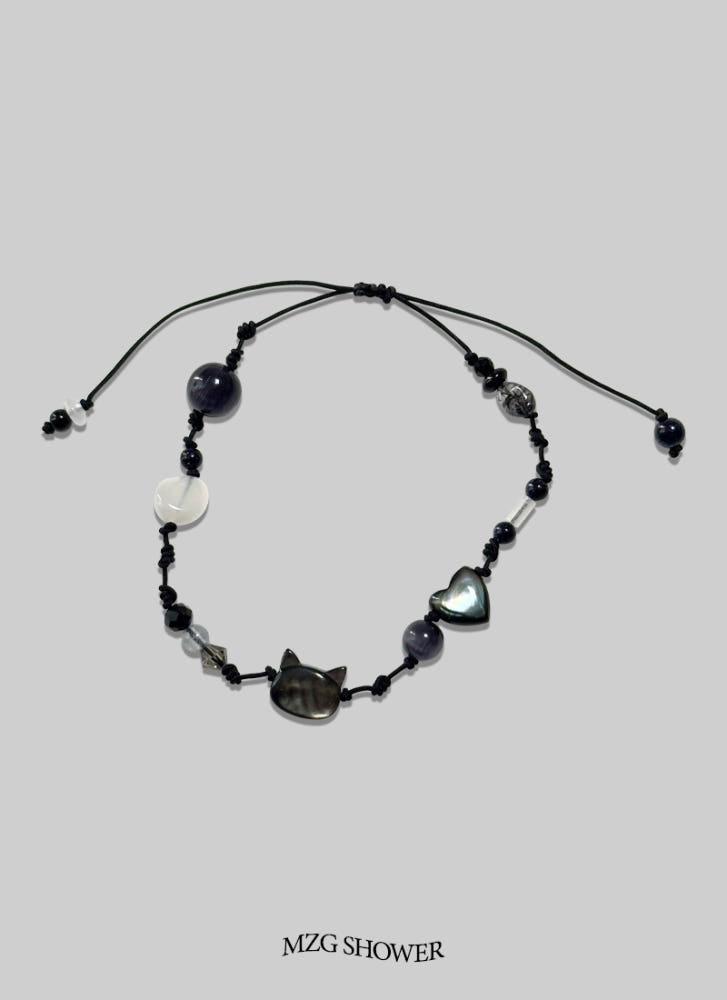 귀여운 팔찌 블랙캣 하트 자개 원석 매듭팔찌