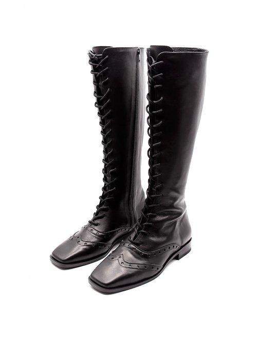 레이스 업 니하이 플랫 부츠 / 블랙