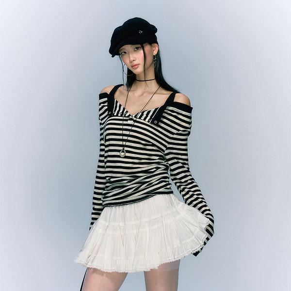 Striped Open Button OFF-Shoulder Top