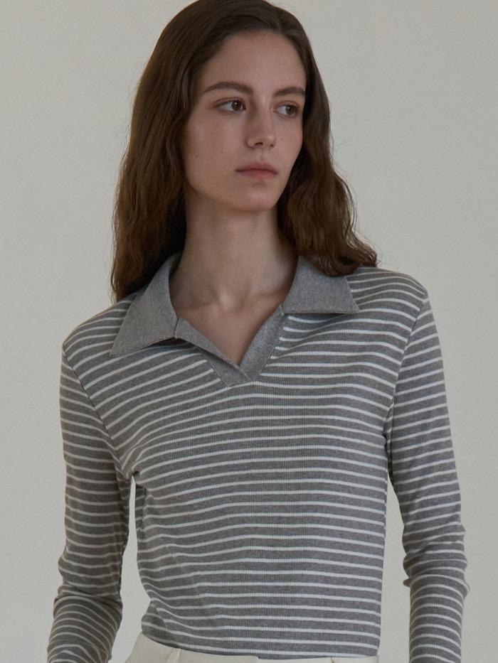 스트라이프 롱슬리브 피케 티셔츠 그레이 OU1601