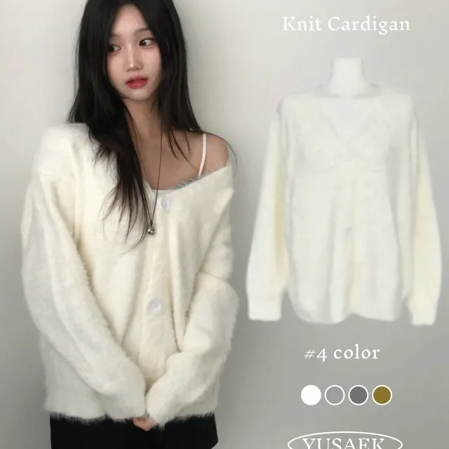 [털빠짐x✨/핏,퀄보장/따듯해요!]크림 브이넥 퍼 앙고라 루즈핏 버튼 니트 가디건