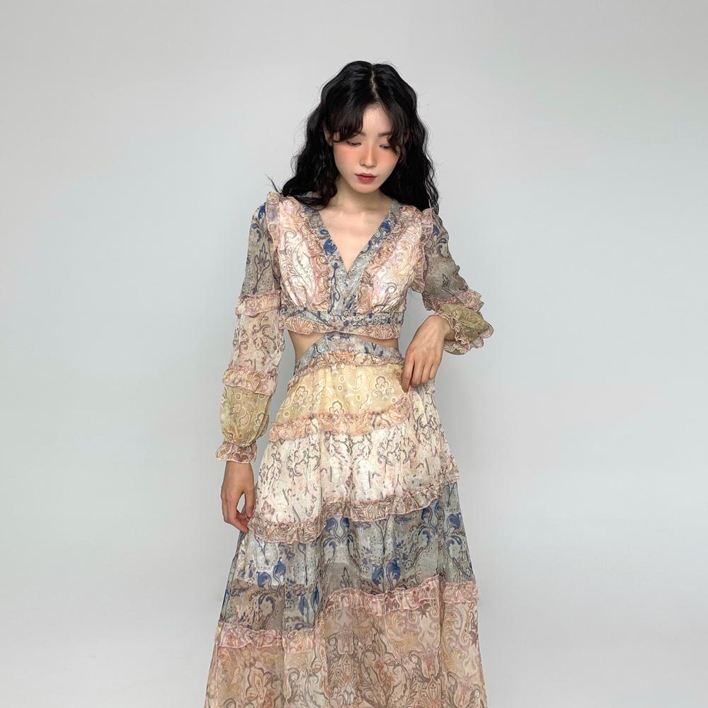 [러블리·빈티지] 보헤미안 에스닉 패턴 쉬폰 맥시 트임 캉캉 원피스