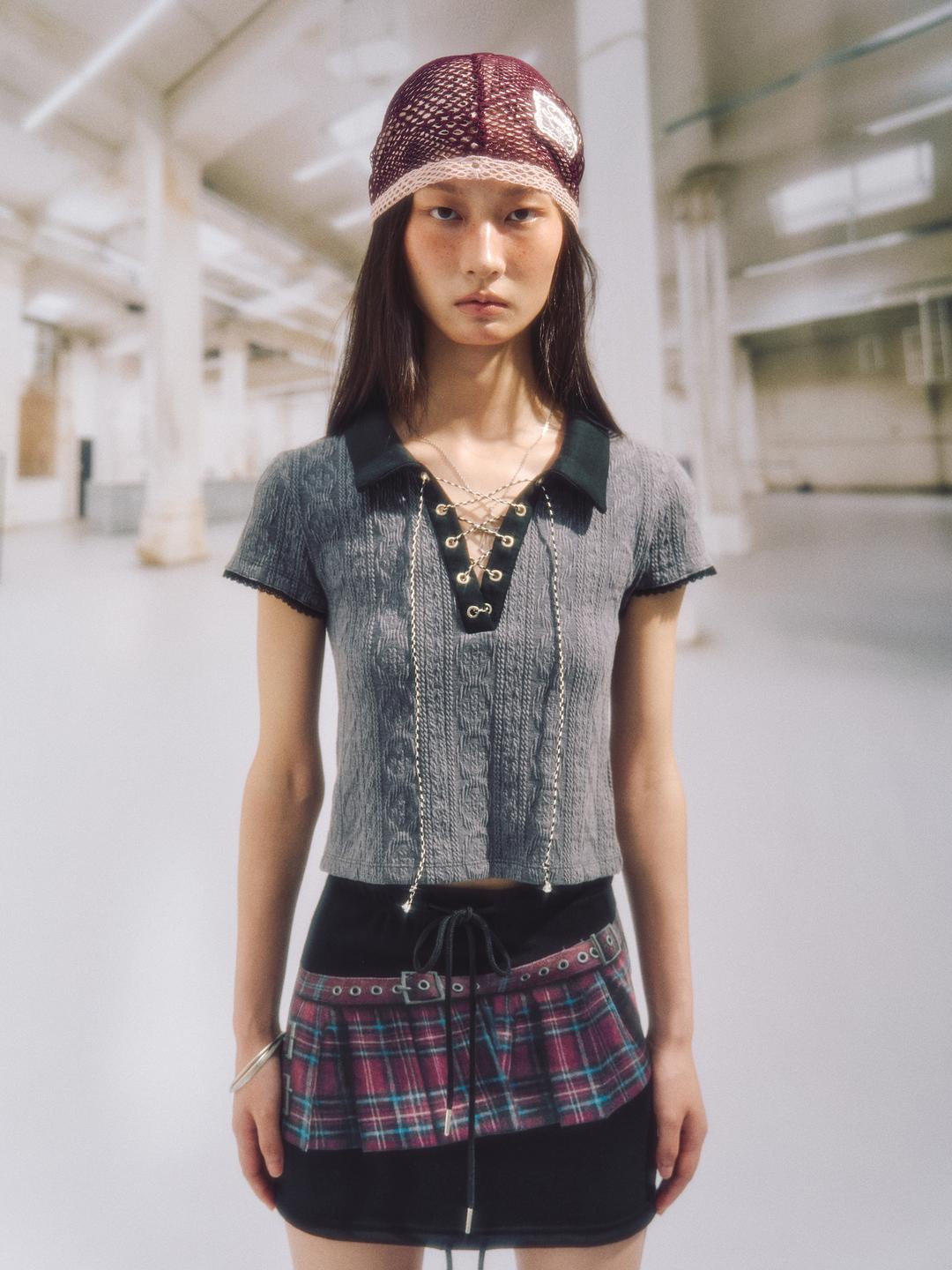 MELIN EYELET JACQUARD KNIT TOP_CHARCOAL