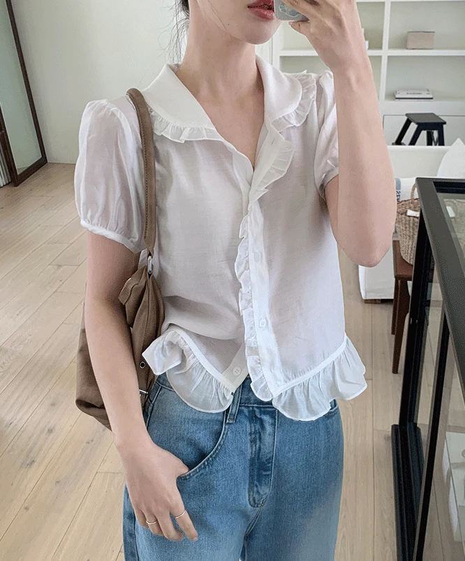 [니웨기획] 라푸 프릴 카라 반팔블라우스 (2color) 버튼블라우스/프릴넥/러플블라우스/데이트룩/퍼프반팔