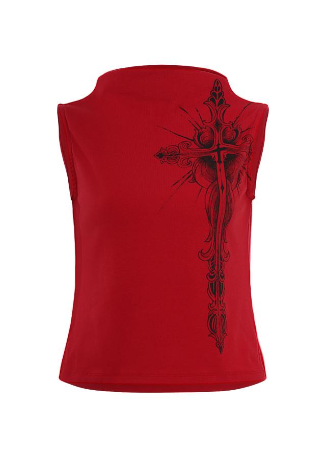 CROSS PRINT HALF NECK SL (RED)