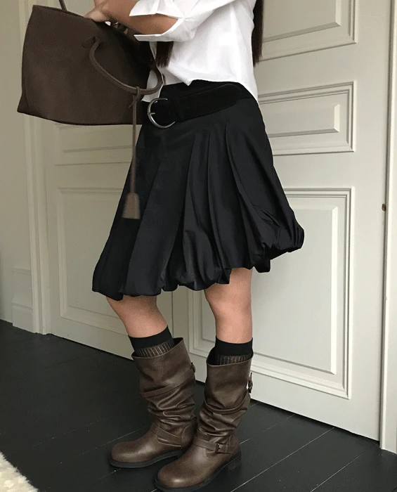 볼륨 미디 스커트 2col - Black [S 바로배송]