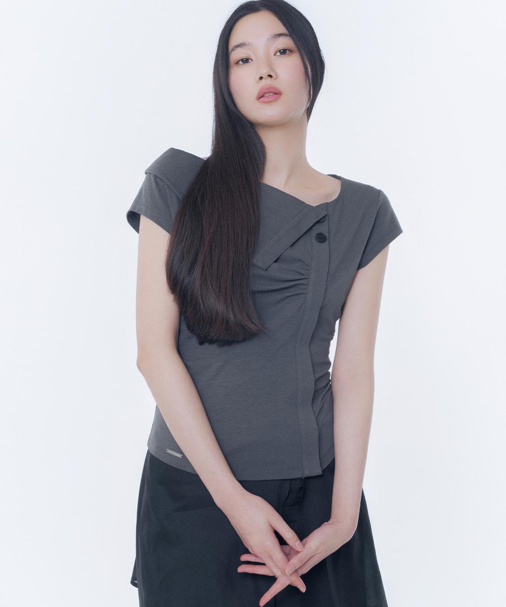 Folding collar shirring top CHARCOAL