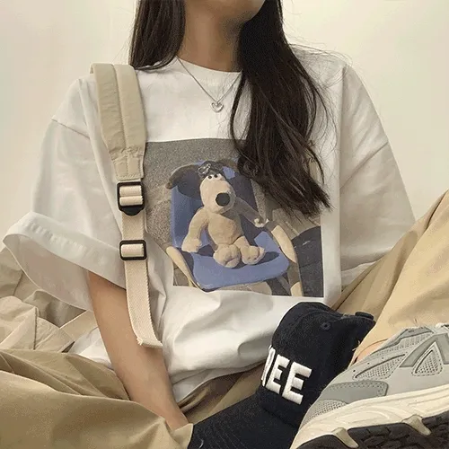 [ 오버핏/귀여워요! ] 퍼피 전사 프린팅 반팔T