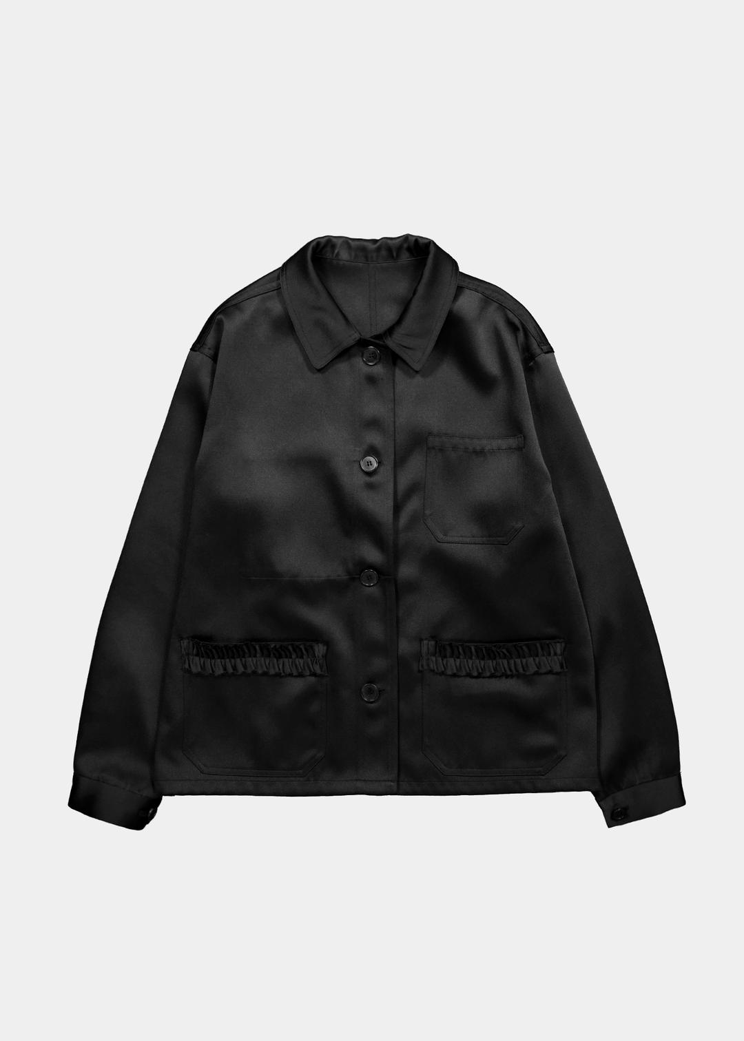 SATIN FRENCH RUFFLE JACKET - BLACK