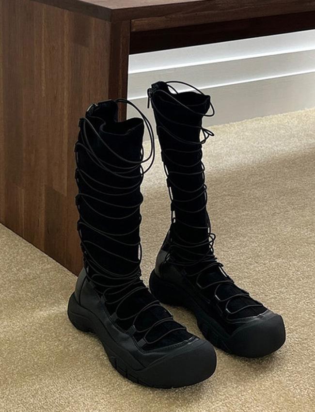 빠른출고⚡아크 스트랩 고프고어 스판 스웨이드 롱부츠 (2color)
