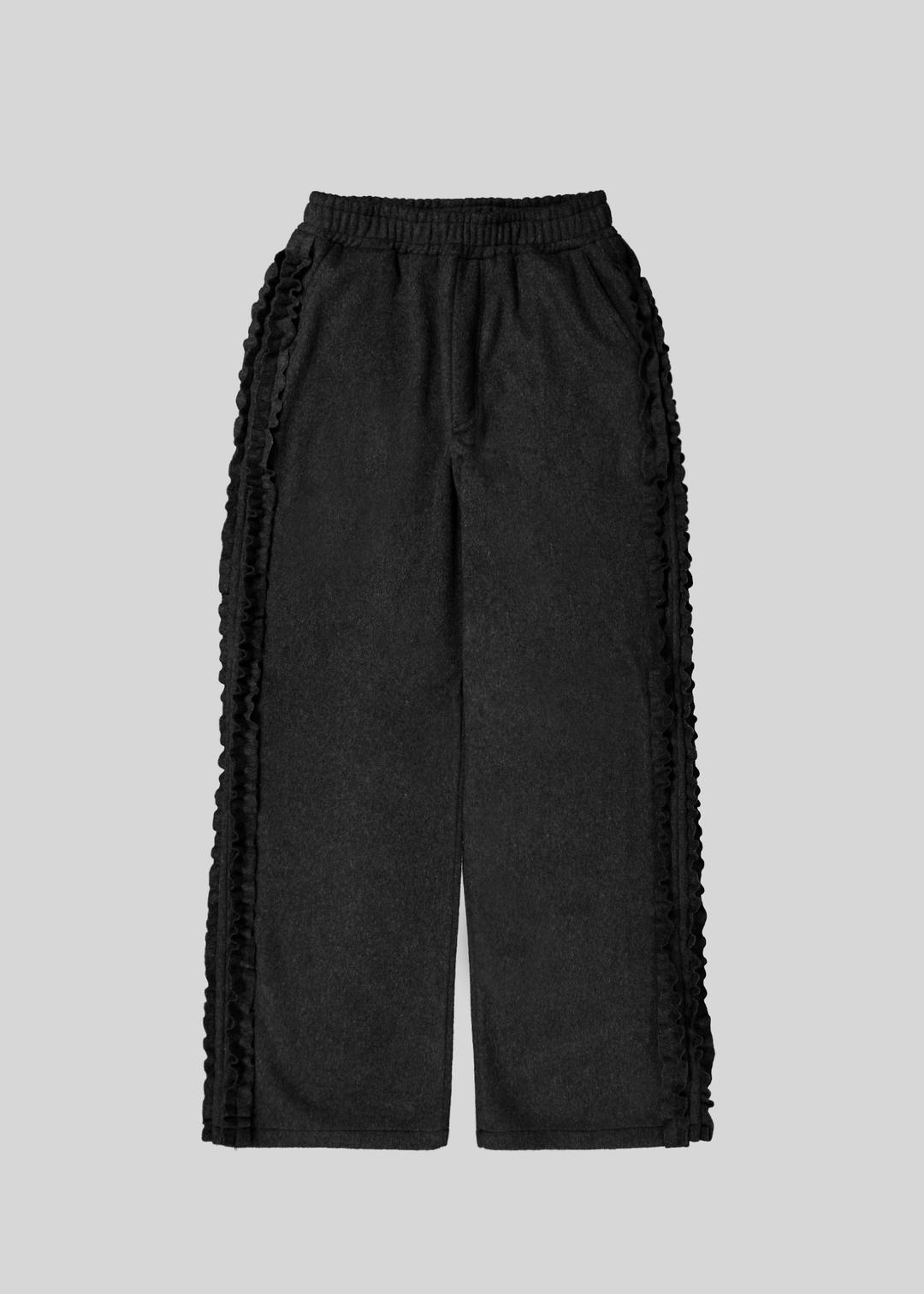 RUFFLE TRACK WOOL PANTS - BLACK