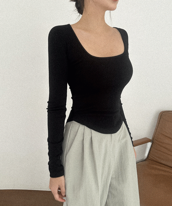 (고퀄후라이스원단) 클린 슬림핏 페미닌 라인 소프트 스퀘어넥 밑단 라운딩 유라인 U라인 긴팔티 (무료배송)