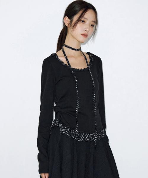 사이드 셔링 도트 콤비 롱 슬리브 [도트 블랙]