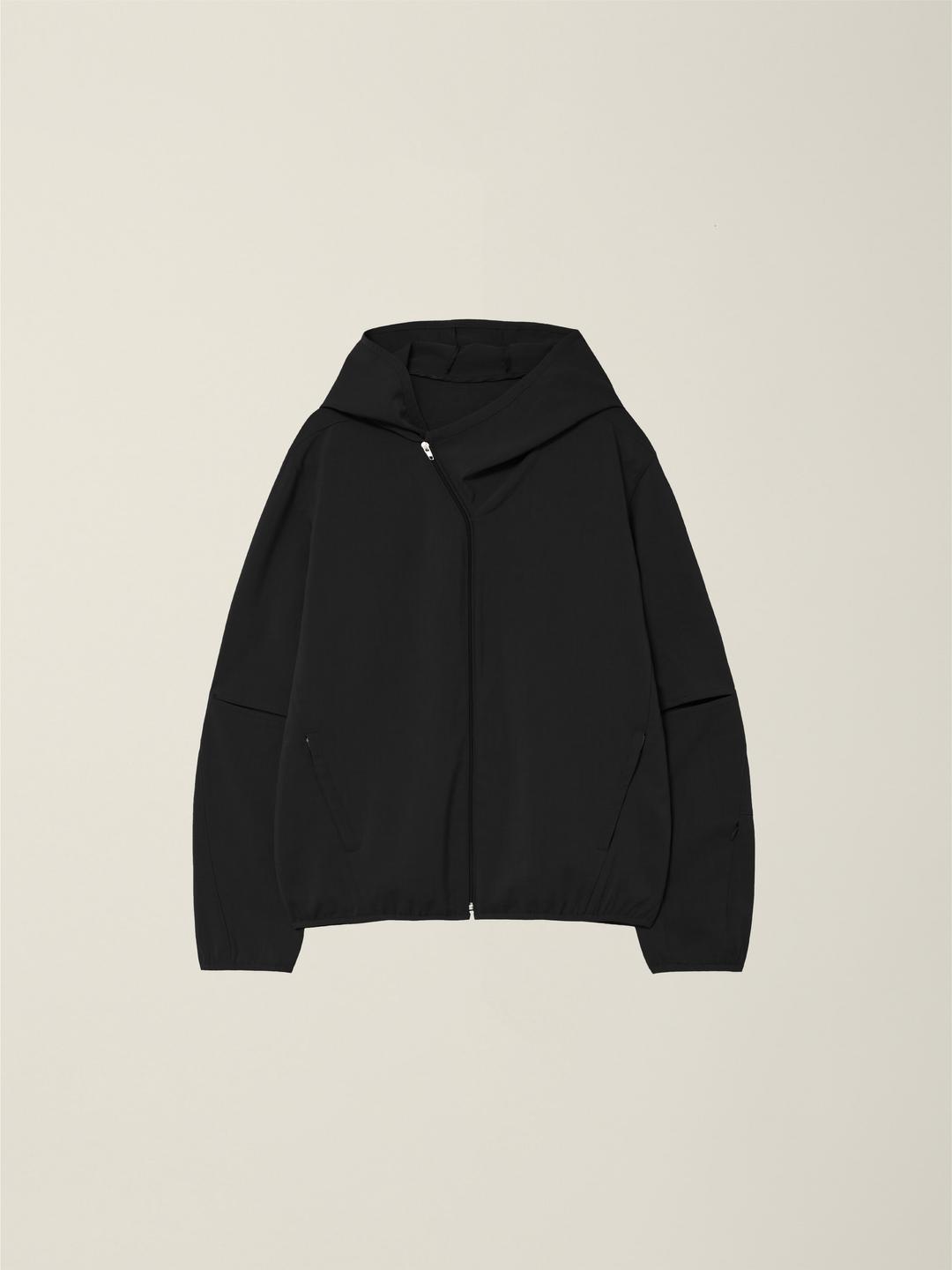 CUT-OUT SLEEVE HOODED ZIP JACKET   BLACK