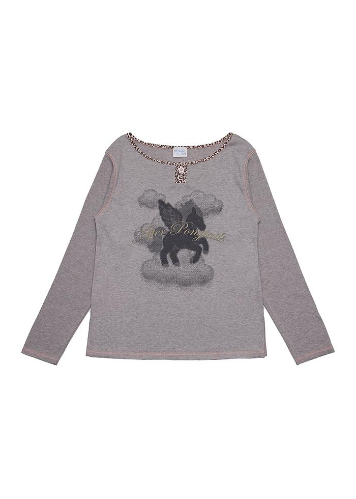 LEOPARD TRIM PEGASUS WIDE NECK TEE PINK GRAY