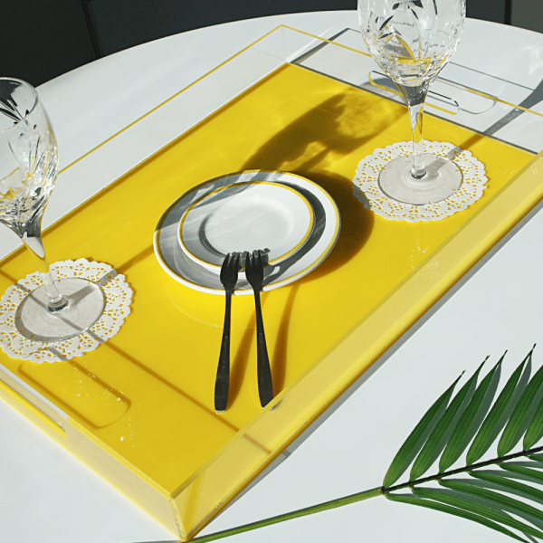 아크릴 사각 손잡이 트레이 카페 쟁반 옐로우