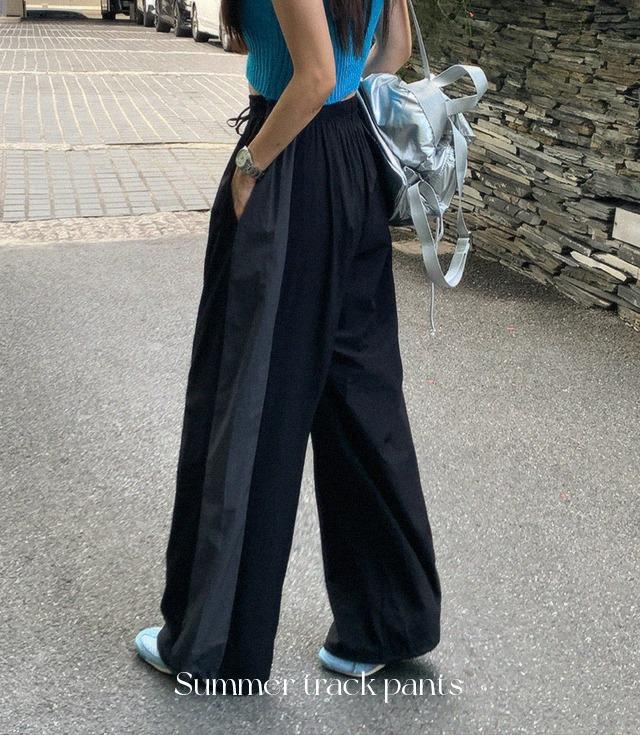 [기장선택&남녀공용/시원방수🧊]트랙 스트링 와이드팬츠(3color) [조거 일자 밴딩 배색 숏 롱 미들 아이스 쿨 냉장고 커플 L XL 2XL]