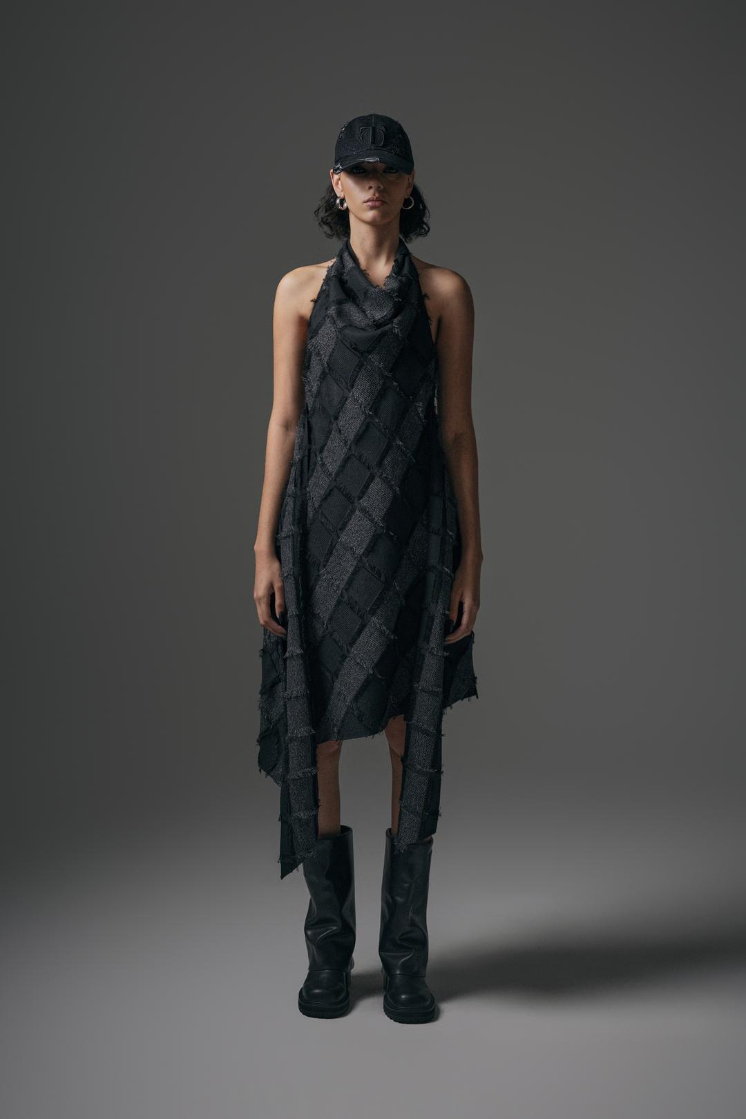 Fringe Halterneck Drape  One-piece [ Charcoal ]