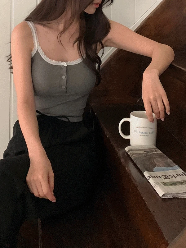 [패드고정][5color] 하울 레이스 버튼 크롭 브라탑 레이어드 캡나시 스트라이프 휴양지룩