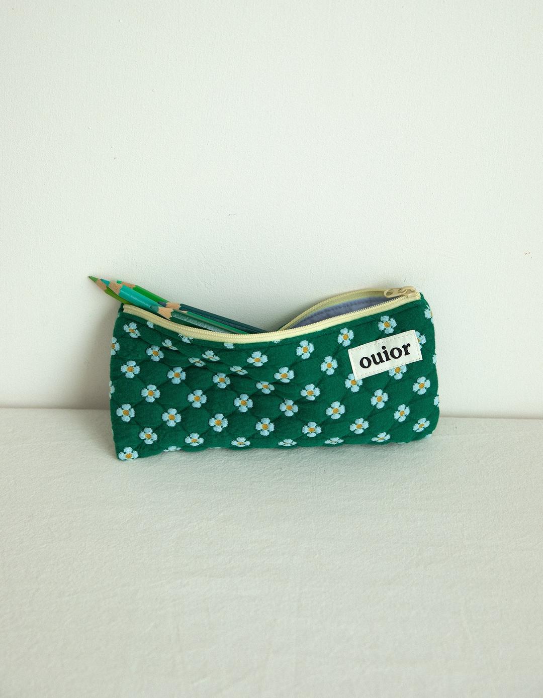 ouior flat pencil case - dot flower green (topside zipper)