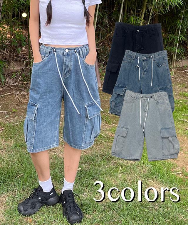 [44~77,빅사이즈] 와이드 빅포켓 카고 하프 데님 버뮤다 반바지 청 팬츠