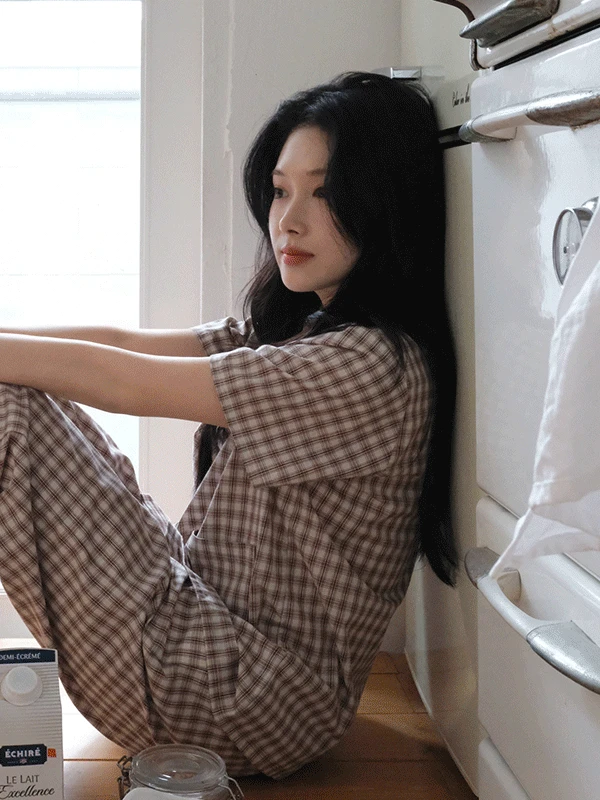 [☁코튼] J'eu 코티지 타탄체크 반팔 파자마 잠옷 세트 2color, 2size
