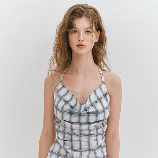 CHECK HALTER TIED TOP - WHITE