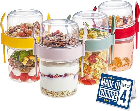 Crystalia Yogurt Parfait Cups with Lids, Large Breakfast On the Go Plastic Bowls with Topping Cereal Oatmeal Salad or Fruit Container with Spoon for Snack Box, Reusable Set of 4 (Large 22 oz)