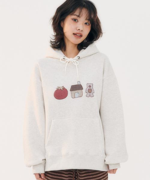 Tomato Bear 아플리케 자수 후드 티셔츠 AHP1213 (오트밀)