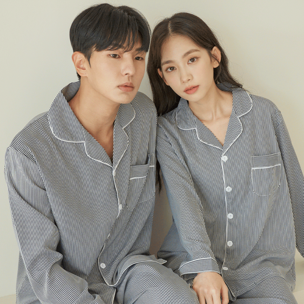 도씨 커플잠옷세트 클린 실크터치 긴팔 카라 파자마 홈웨어