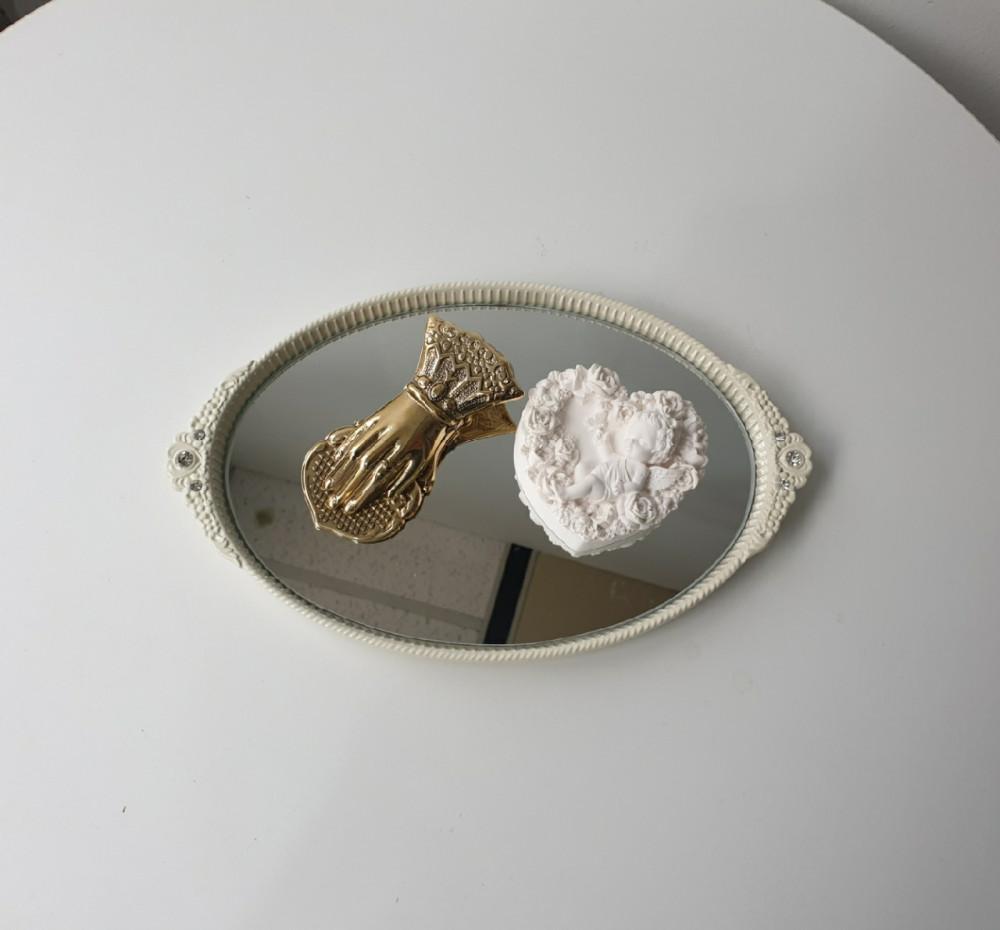 엔틱 화이트 빈티지 동 철제 미러 트레이 쟁반 주얼리 화장품 소품 3size